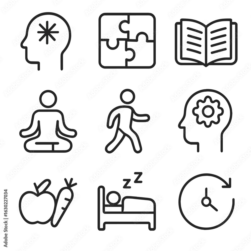 Poster memory techniques icons. outline icon set of memory improvement techniques: mnemonic, puzzle, book r