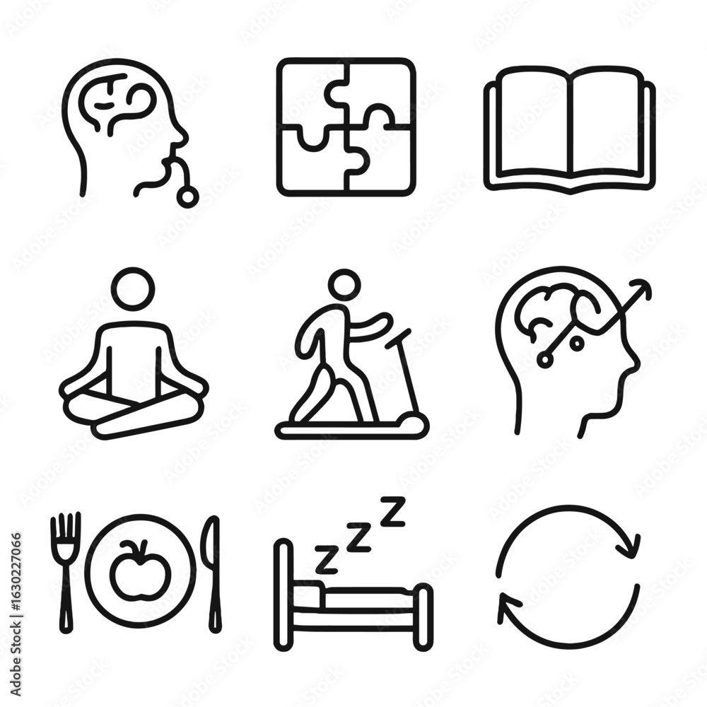 Poster memory techniques icons. outline icon set of memory improvement techniques: mnemonic, puzzle, book r