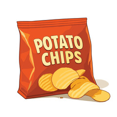 Red Potato Chips Bag with Crispy Chips – Snack Packaging Illustration Vector
