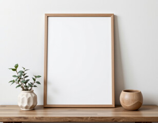 a wooden framed picture leaning against a white wall in a room with a minimalist aesthetic