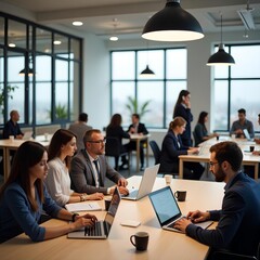 Fototapeta premium Modern Open-Plan Office with Professionals Working on Laptops