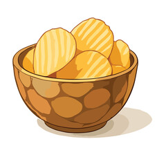 Potato Chips in Decorative Wooden Bowl – Crispy Snack Food Vector Art	