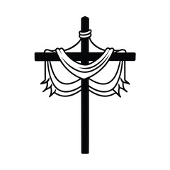 christian cross with crown of thorns and drape on white background 