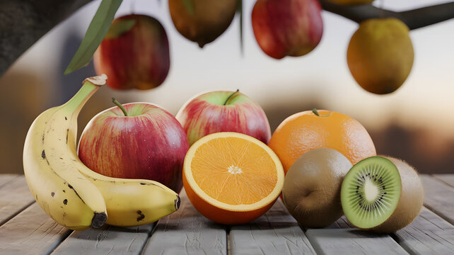 A high-end 3D render of a hyperrealistic AR/VR scene with various fruits (banana, apple, orange, kiw