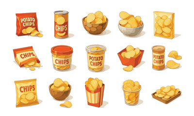 Crispy Potato Chip Variety Illustration for Snack Ads or Food Recipes