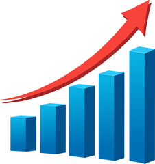 3D Business Growth Chart with Colorful Bar Graphs and Upward Arrow on Transparent Background