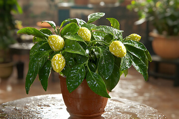 Close-up of a potted plant with unique speckled yellow fruits an