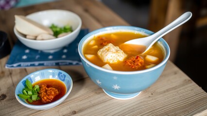 Warm bowl of flavorful soup with savory dumplings and spicy chili sauce, perfect comfort food