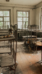Old abandoned dormitory with metal bunk beds and broken furniture. Eerie atmosphere of decay.