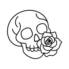 cute doodle skull with rose outline on white background 