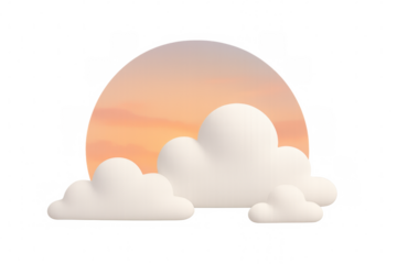 Fluffy white clouds rendering floating against circular orange sunset, transparent background facilitating digital graphic design integration