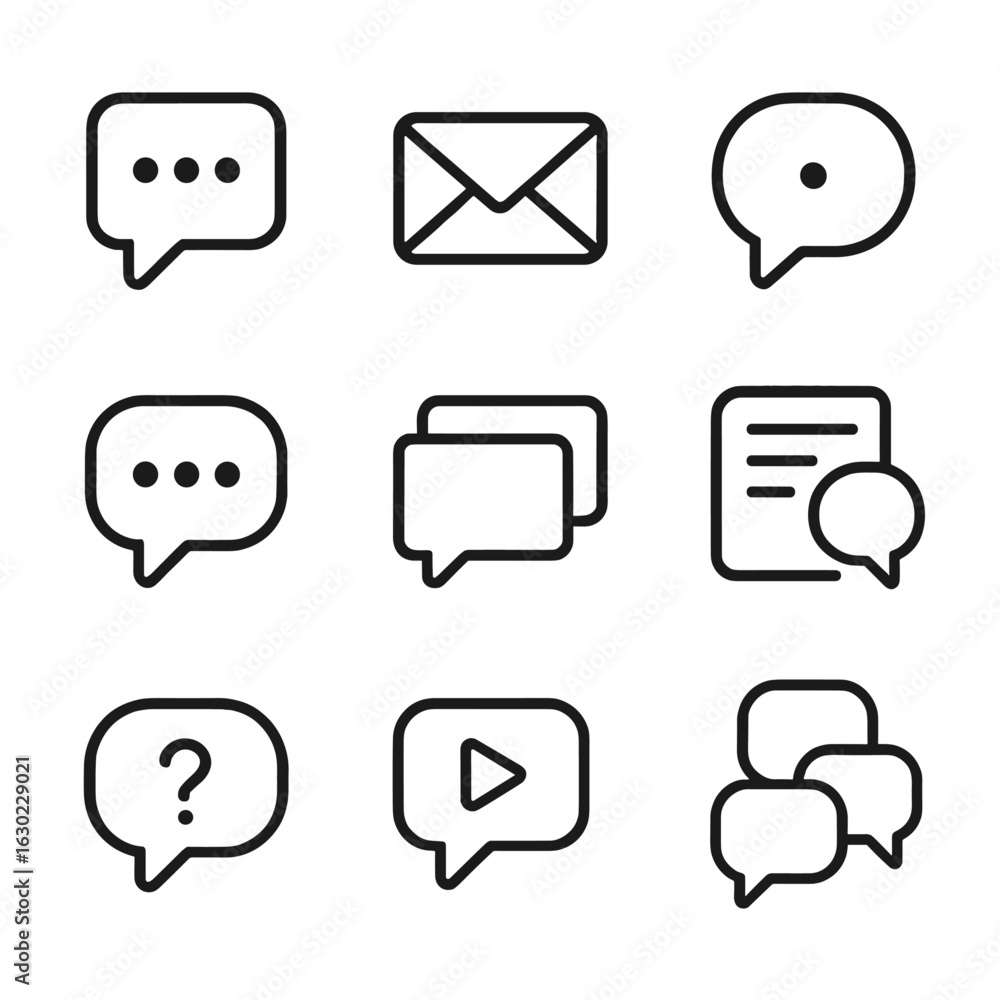 Poster messaging icons grid. outline icon set of message platforms: sms app, email client, social media mes