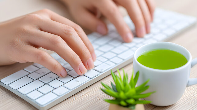 Close-up of female hands typing on keyboard with green mug and small succulent. Modern bright workspace concept.