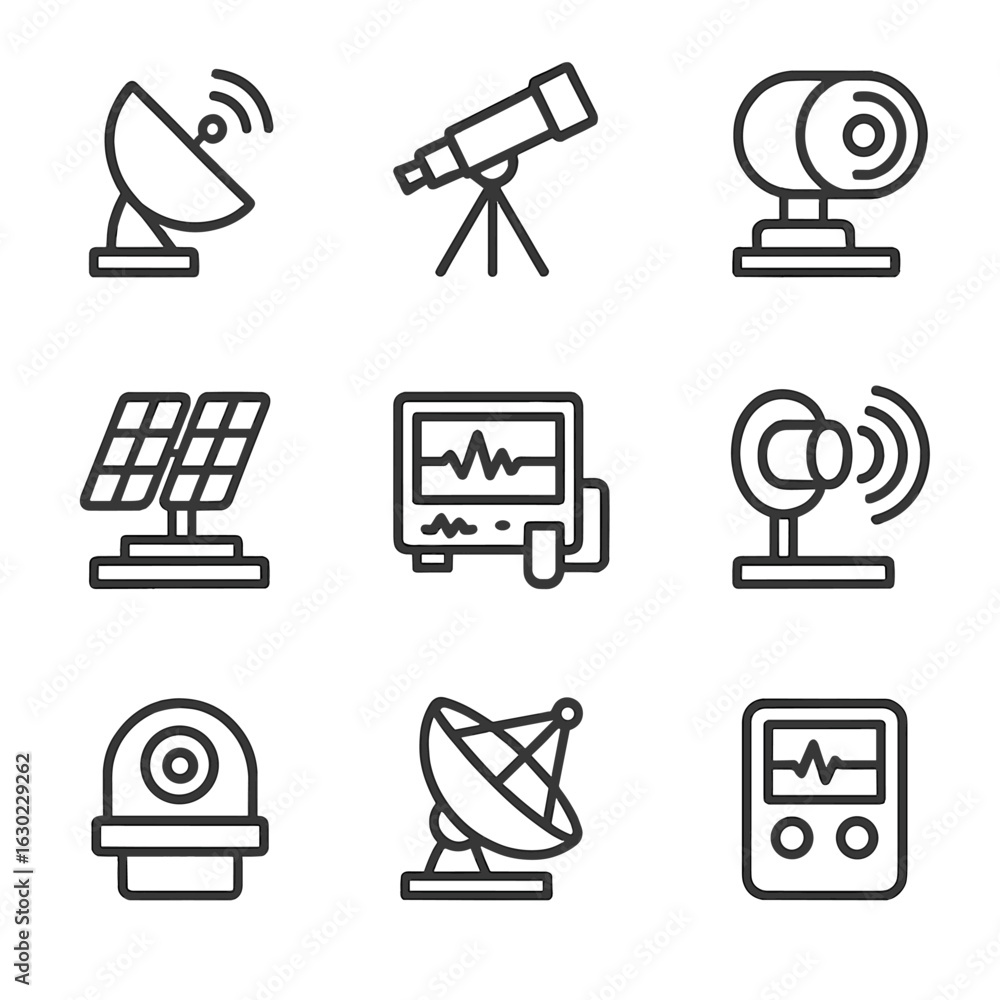 Poster meteor detection icons. outline icon set of meteor detection: radar antenna, optical telescope, infr