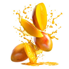 A vibrant image showcasing sliced mangoes with juice splashing against a stark black background...