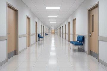Obraz premium Clean modern hospital corridor with doors and bright lighting in healthcare facility interior