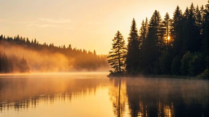 Golden sunrise over a tranquil lake, with a thick mist hanging low over the water. The serene scene is surrounded by a dense pine forest, creating a perfect atmosphere of peace and solitude.

