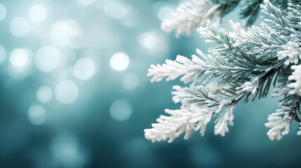 Snow-covered pine needles glisten under soft natural light with a dreamy bokeh background. Ideal for winter promotions, greeting cards, and seasonal design projects.