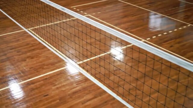 Interior of a gym with volleyball net and wooden court floor
