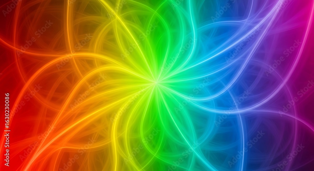 Poster vibrant rainbow fractal pattern, swirling light lines converge at a central point, creating a dynami