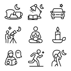 Midnight Activities Icons. Outline icon set of midnight activities: midnight snack, reading lamp, late-night drive, stargazing,