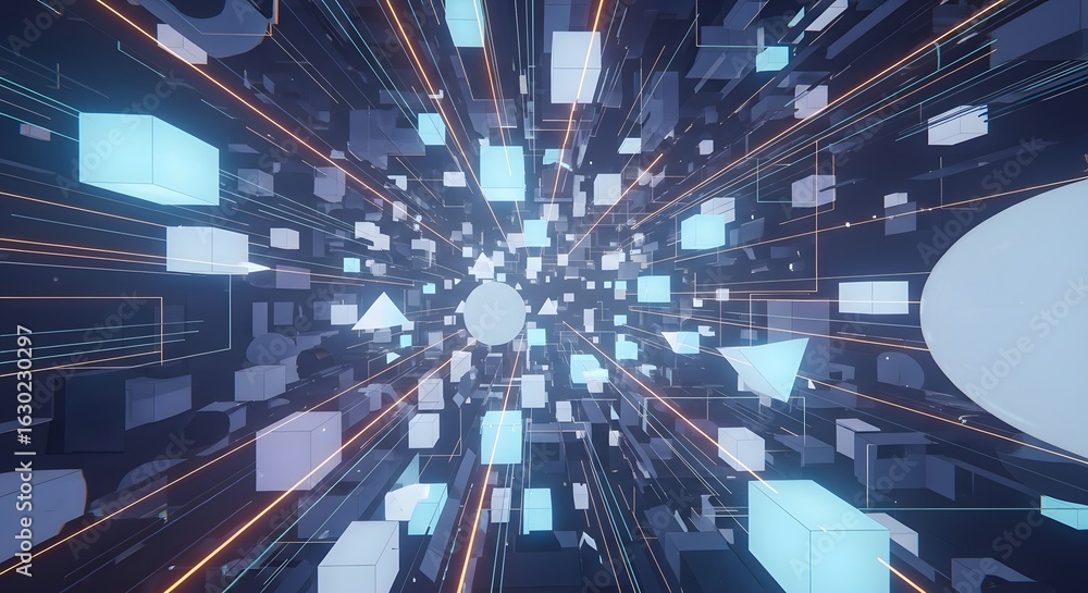 Poster abstract 3d render of glowing geometric shapes and lines in a dark, futuristic space. light trails a