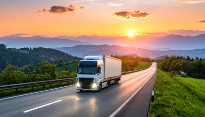 Truck and highway at sunset - transportation background