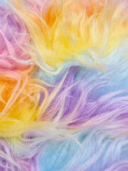 Background of rainbow-colored long pile faux fur. Long pile faux fur, also known as shaggy faux fur. Colorful made of acrylic and polyester fiber synthetic fur for decoration and various DIY projects.