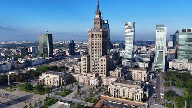 Aerial orbit counterclockwise of the Palace of Culture and Science in Warsaw, Poland, 4K
