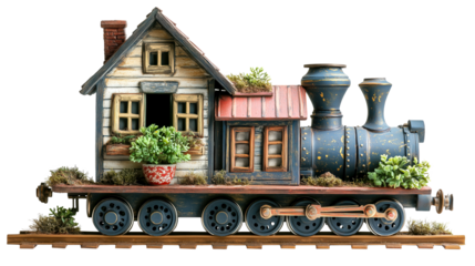 Whimsical small house crafted from vintage train engine features charming details and ornamental plants, creating unique and imaginative design., isolated