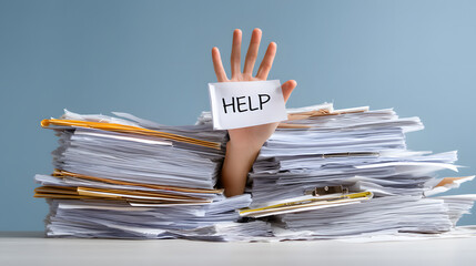 Hands holding “HELP” sign above huge pile of documents. Concept of burnout and overwhelm at work.