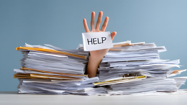 Hands holding “HELP” sign above huge pile of documents. Concept of burnout and overwhelm at work. - Powered by Adobe