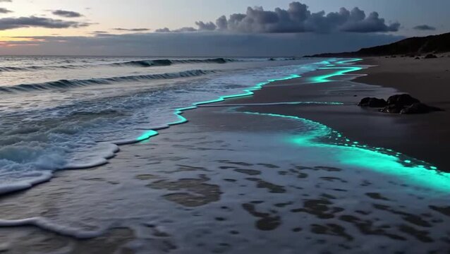Bioluminiscencia en playas remotas (olas brillantes en la oscuridad)