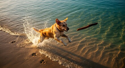 Golden retriever dog playfully fetching a stick in shallow water at a beach during sunset. Water splashes around the dog as it leaps. Warm, golden light illuminates the scene.