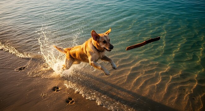 Golden retriever dog playfully fetching a stick in shallow water at a beach during sunset. Water splashes around the dog as it leaps. Warm, golden light illuminates the scene.
