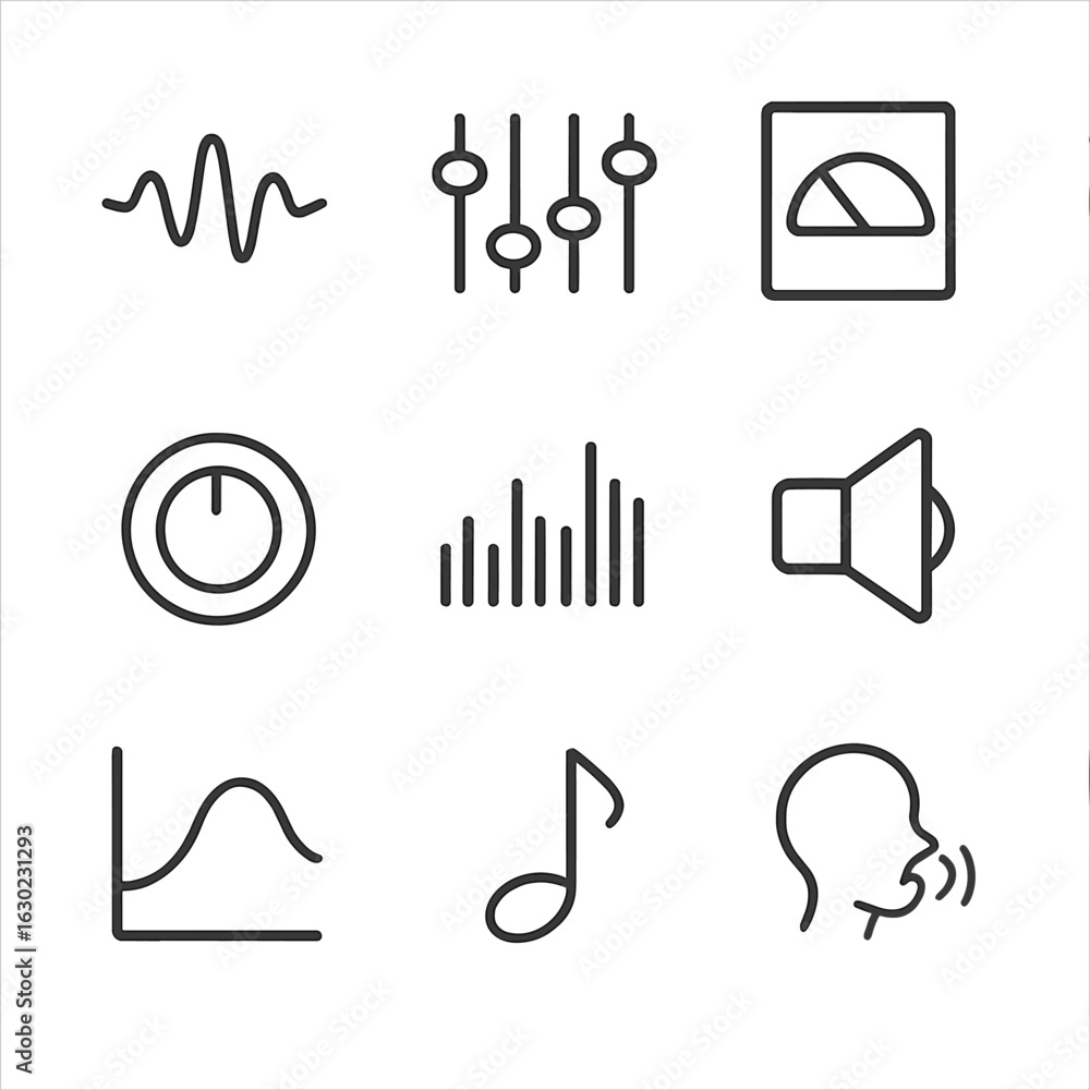 Poster midrange audio icons. outline icon set of midrange frequencies: sound wave, equalizer, midrange filt