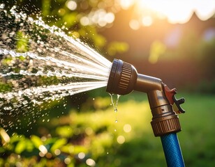 昼間に庭の植物にガーデンシャワーで水やりをしている	
