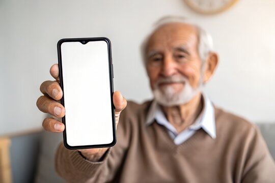 old man holding smartphone with blank white screen, Senior man showing blank smartphone with empty white screen to camera
