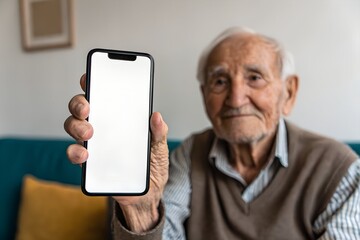 the old man holding smartphone with blank screen for mockup, showcasing modern technology and digital communication in elderly lifestyle