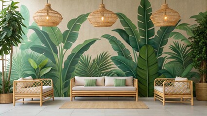 A vibrant and stylish living room with a strong tropical theme. The space features a stunning mural of lush green banana and palm leaves on the back wall