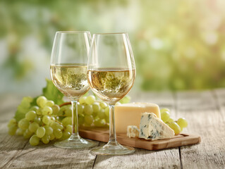 Two glasses of white wine with cheese and grapes on a rustic wooden table in a vineyard setting