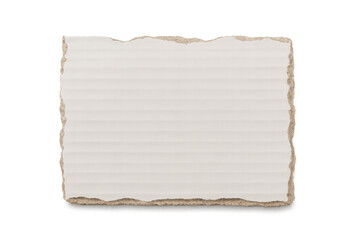 Fototapeta premium Corrugated cardboard fragment displaying worn surface, ragged edges, resting against transparent backdrop