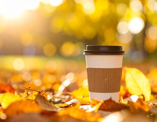 秋の公園で蓋付きの紙コップでコーヒーを飲んでいるイメージ