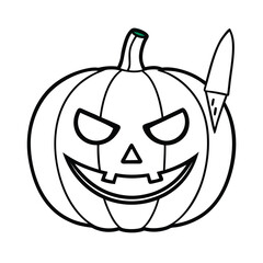 halloween pumpkin face with sharp knife on white background 