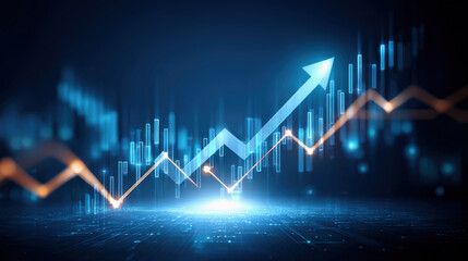 Naklejka premium Global economic growth concept. A digital visualization of a financial graph, showcasing an upward trend with glowing blue and orange elements against a dark background.