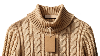 Cozy beige cable knit turtleneck sweater with blank tag isolated on transparent background