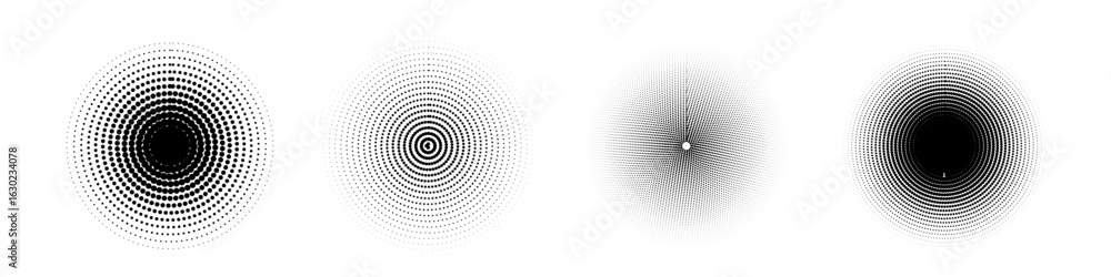 Poster set of halftone circle dotted circularly distributed. abstract dots logo emblem design element. roun