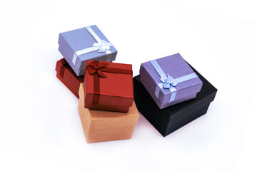 many gift boxes on white background. birthday or christmas, anniversary or holiday gift