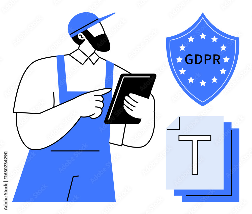 Poster worker in uniform holding a tablet, gdpr shield emblem, and document stack. ideal for data security,