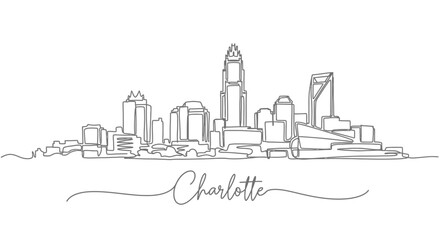 Fototapeta premium Charlotte NC Skyline Outline with Minimalist Cityscape Drawing.